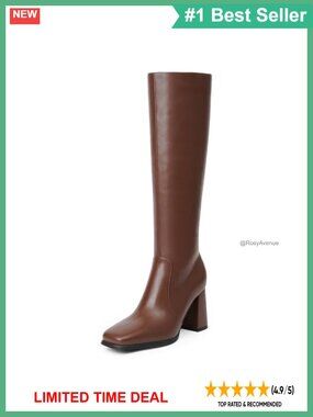 Women's Square Toe Knee High Boots Faux Leather Chunky Block Heel Tall Boots